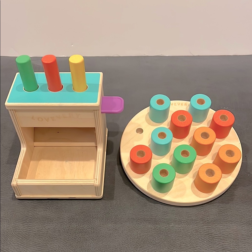 LOVEVERY Wooden Peg Drop & Stacking Peg Board Toy Bundle Montessori Toddler